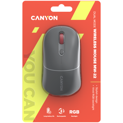 CANYON MW-22, 2 in 1 Wireless optical mouse with 4 buttons, Silent switch for right/left keys, DPI 800/1200/1600, 2 mode(BT/ 2.4GHz), 650mAh Li-poly battery, RGB backlight, Dark gray , cable length 0.8m, 110*62*34.2mm, 0.085kg
