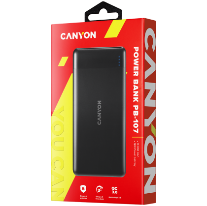 CANYON PB-107, Power bank 10000mAh baterie Li-poly, Intrare Micro/PD 18W(Max), Ieșire PD/QC3.0(Max), cablu de încărcare rapidă 0.3m, 144*68*16mm, 0.25kg, Negru