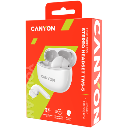 CANYON TWS-5, căști Bluetooth, cu microfon, BT V5.3 JL 6983D4, răspuns în frecvență: 20Hz-20kHz, acumulator EarBud 40mAh*2+Carcasă de încărcare 500mAh, lungime cablu tip C 0.24m, dimensiune: 58.5*52.91*25.51* mm, 0,036 kg, alb