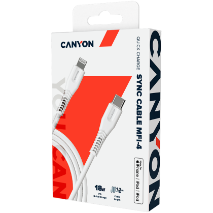 CANYON MFI-4, Type C Cable To MFI Lightning for Apple, PVC Mouling,Function: with full feature( data transmission and PD charging) Output:5V/2.4A, OD:3.5mm, cable length 1.2m, 0.026kg,Color :White
