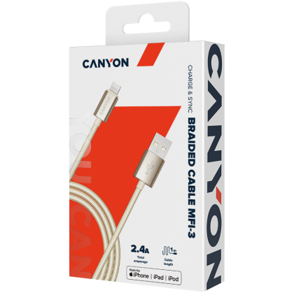 CANYON Charge & Sync MFI braided cable with metallic shell, USB to lightning, certified by Apple, 1m, 0.28mm, Golden