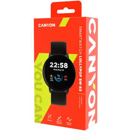CANYON Lollypop SW-63, ceas inteligent, ecran tactil complet IPS de 1,3 inchi, ceas rotund, impermeabil IP68, mod multi-sport, BT5.0, compatibilitate cu iOS și Android, negru, gazdă: 25,2*42,5*10,7mm, curea: 20*250mm, 45g