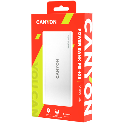 CANYON PB-108, Power bank 10000mAh Li-poly battery, Input 5V/2A, Output 5V/2.1A(Max), 140*68*16mm, 0.230Kg, White