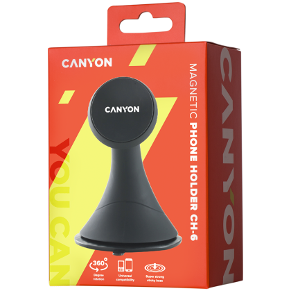 CANYON CH-6, Suport auto pentru smartphone-uri, functie de aspirare magnetica, cu 2 placi(dreptunghi/cerc), negru, 97*67,5*107mm 0,068kg