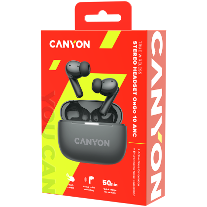 CANYON OnGo TWS-10 ANC+ENC, Bluetooth Headset, microphone, BT v5.3 BT8922F, Frequency Response:20Hz-20kHz, battery Earbud 40mAh*2+Charging case 500mAH, type-C cable length 24cm, size 63.97*47.47*26.5 mm 42.5g, Black