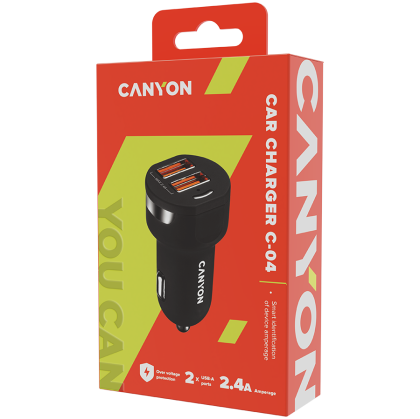 CANYON C-04, Adaptor auto universal 2xUSB, Intrare 12V-24V, Ieșire 5V-2.4A, cu Smart IC, acoperire din cauciuc negru cu inel galvanizat, 59,5*28,7*28,7mm, 0,019kg