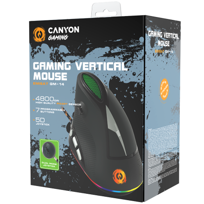 CANYON Emisat GM-14, Wired Vertical Gaming Mouse with 7 programmable buttons, Pixart optical sensor, 6 levels of DPI and up to 4800, 2 million times key life, 1.65m Braided USB cable,rubber coating surface and colorful RGB lights, size:106*72*84mm, 1