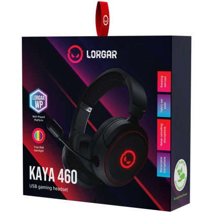 LORGAR Kaya 460, Căști de gaming USB cu microfon, CM108B, iluminare de fundal RGB, Plug&Play, cablu de conectare USB-A 2m, pernițe pentru urechi din material textil, dimensiune: 192*184,7*88mm, 0.329 kg,negru