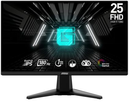 Monitor MSI G255F, 24.5", Rapid IPS, 180Hz, 1ms, 1920x1080 FHD, Anti-glare, Adaptive-sync, Night Vision, Frameless, Anti-Flicker, Less Blue Light, 300 nits, 1000:1, 100M:1, 1x Display Port (1.2a), 2x HDMI (2.0b), Headphone out, Tilt,FRAMELESS