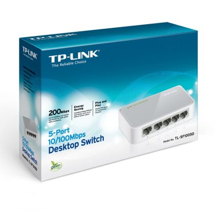 Comutator TP-Link TL-SF1005D, comutator desktop RJ45 cu 5 porturi 10/100 Mbps, fără ventilator, negociere automată/MDI/MDIX automat, carcasă din plastic