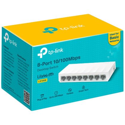 Switch de birou TP-Link LiteWave 8 porturi 10/100Mbps, 8 porturi RJ45 10/100Mbps, carcasă din plastic pentru desktop, tehnologie Green Ethernet
