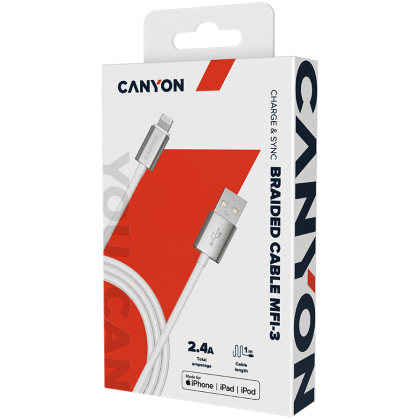 CANYON MFI-3, Cablu împletit MFI Charge & Sync cu carcasă metalică, USB la Lightning, certificat de Apple, lungime cablu 1m, OD2.8mm, alb perlat