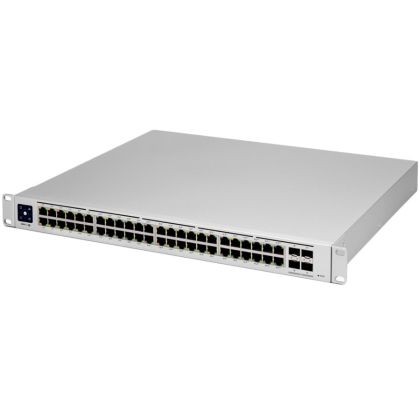 Ubiquiti USW-PRO-48-POE 48 port gigabit L3 PoE++ switch, 40 x GbE PoE+ Ports, 8 x GbE PoE++ ports, 4 x 10G SFP+ ports, 600W total PoE availability, Layer 3 switching, Near-silent cooling, LCM display 1.3" touchscreen