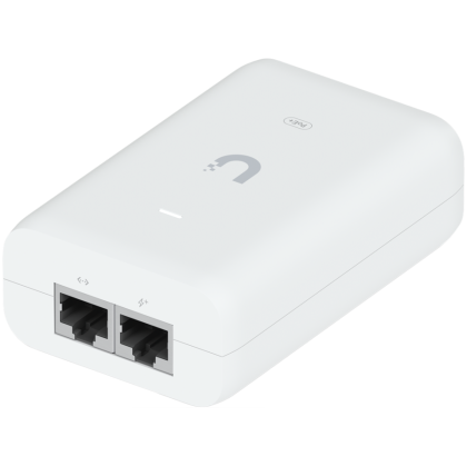 UBIQUITI PoE+ Adapter; Delivers up to 30W of PoE+; Additional power drives devices such as U6 LR, U6 Enterprise, Camera DSLR, and other PoE+ devices; Surge, peak pulse, and overcurrent protection; Contains RJ45 data input, AC cable with earth ground, and 