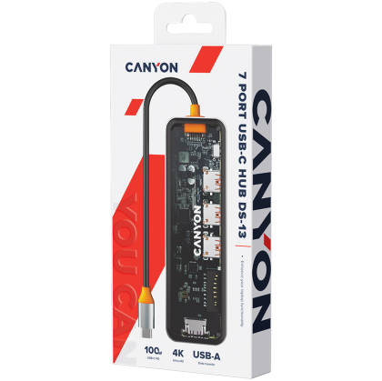 CANYON DS-13, USB-hub, Size: 137.9mm*42.7mm*15mm Weight: 167.5gCable length: 155mm Material: Zinc alloy+Tempered glass+TPE Port: Type-C To USB3.0*3(5Gbps)+SD /TF 3.0(5Gbps)+HDMI(4K@30Hz),Space Gray