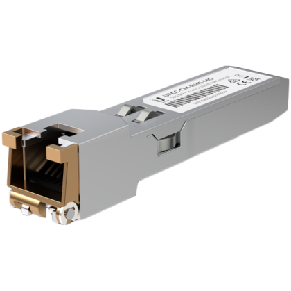 Ubiquiti UACC-CM-RJ45-MG SFP+ to RJ45 adapter, 1/2.5/5/10 GbE is an RJ45 transceiver that can be inserted into an SFP port in order to connect a copper Ethernet cable