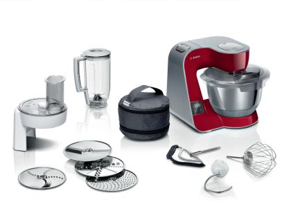 Robot de bucătărie Bosch MUM5X720, Mașină de bucătărie cu cântar, MUM5, 1000 W, 3D PlanetaryMixing, Bol de amestecare din oțel inoxidabil, accesorii suplimentare incluse, Roșu, Argintiu