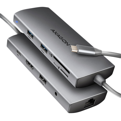 AXAGON HMC-8HLSA USB-C 3.2 Gen 1 hub, 3x USB-A + 4K/30Hz HDMI + SD/microSD, GLAN, Audio, PD 100W, 20cm USB-Ccable