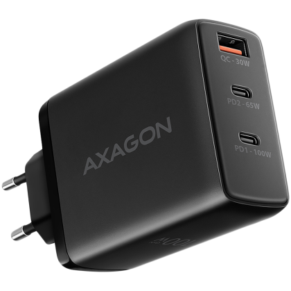 Încărcător de perete AXAGON ACU-DPQ100 GaN, 3x porturi (USB + dual USB-C), PD3.0/QC4+/PPS/Apple, 100W, negru
