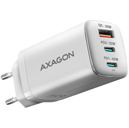 Încărcător de perete AXAGON ACU-DPQ65W GaN, 3x porturi (USB + dual USB-C), PD3.0/QC4+/PPS/Apple, 65W, alb