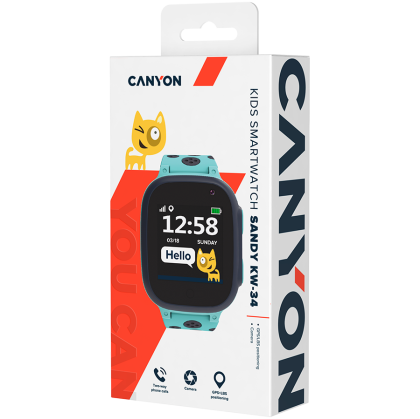 CANYON Sandy KW-34, ceas inteligent pentru copii, ecran colorat de 1,44 inch, funcție GPS, card Nano SIM, 32+32MB, GSM(850/900/1800/1900MHz), baterie 400mAh, compatibilitate cu iOS și Android, Albastru, gazdă: 52,9 *40,3*14,8mm, curea: 230*20mm, 42g