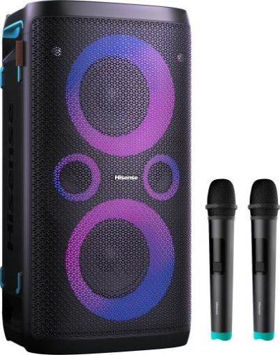 Аудио система Hisense Party Rocker One Plus (HP110) Bluetooth Speaker with 300W Power, Built-in Woofer, Karaoke Mode, Built-in Wireless Charging Pad, AUX Input and Output, USB, 15 Hour Long-Lasting Battery 4 x 2500Ah, 2x mics included