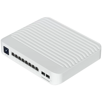 Ubiquiti USW-Pro-8-PoE-EU An 8-port, Layer 3 switch with PoE+ and PoE++ output.