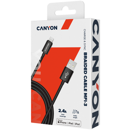 CANYON MFI-3, Charge & Sync MFI braided cable with metallic shell, USB to lightning, certified by Apple, cable length 1m, OD2.8mm, Black