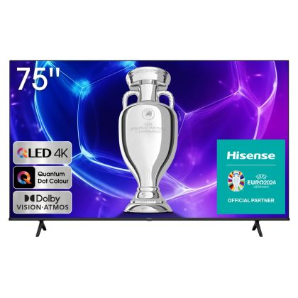 Телевизор Hisense 75" E7KQ, 4K Ultra HD 3840x2160, QLED, Quantum Dot, HDR 10+, HLG, Dolby Vision, DTS Virtual X, Smart TV, WiFi 5GHz, WiFi Direct, BT, Anyview Cast, 3xHDMI, 2xUSB, LAN, CI+, DVB-T2/C/S2, Black