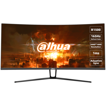 Dahua LM34-E330C Curved Gaming Monitor, 34" UWQHD (3440x1440), VA, 165Hz, 350 nits, 120% sRGB, 21:9, 3000:1, 178°/178°, 1ms, VESA, 2x DP 1.4, 2x HDMI 2.0, 1x Audio out, DC 12V, 2A, 78W.
