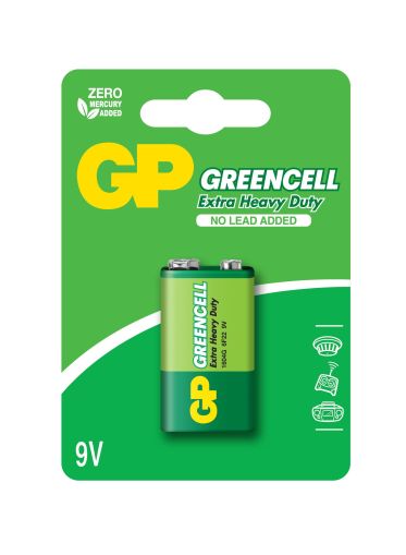 Çinko karbon pil GP 1604GLF-U1, 6F22, 9V, Greencell, 1 adet. kabarcık