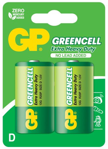 Çinko karbon pil GP R20, Greencell 13G-U2, 2 adet. ambalajda, kabarcıklı, 1,5V