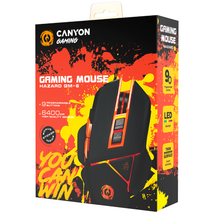 CANYON Optical gaming mouse, adjustable DPI setting 800/1000/1200/1600/2400/3200/4800/6400, LED backlight, movable weight slot and retractable top cover for comfortable usage