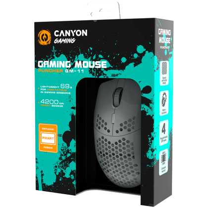 CANYON Puncher GM-11, Gaming Mouse with 7 programmable buttons, Pixart 3519 optical sensor, 4 levels of DPI and up to 4200, 5 million times key life, 1.65m Ultraweave cable, UPE feet and colorful RGB lights, White, size:128.5 x67x37.5mm, 105g