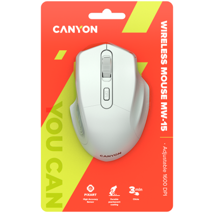 CANYON MW-15, 2.4GHz Wireless Optical Mouse with 4 buttons, DPI 800/1200/1600, Pearl white, 115*77*38mm, 0.064kg