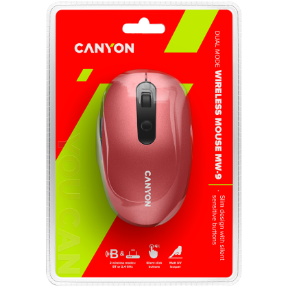CANYON MW-9, 2 in 1 Wireless optical mouse with 6 buttons, DPI 800/1000/1200/1500, 2 mode(BT/ 2.4GHz), Battery AA*1pcs, Red, silent switch for right/left keys, 65.4* 112.25*32.3mm, 0.092kg