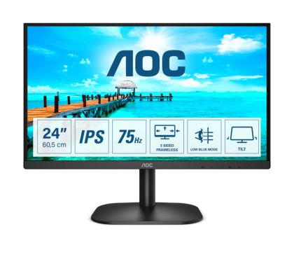 Monitor AOC 24B2XDA, 23.8" IPS WLED, 1920x1080@75Hz, 4ms GTG, 250cd/m2, 1000:1, DC20M:1, Adaptive Sync, FlickerFree, Low Blue Light, 2Wx2, Tilt, D-SUB, DVI, HDMI