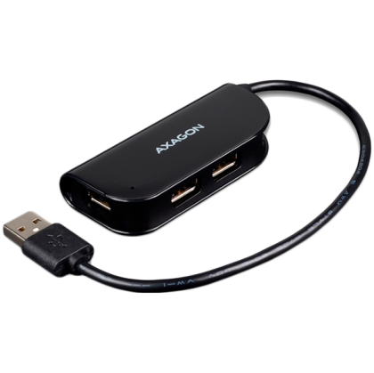 Handy four-port USB 2.0 hub with a permanently connected USB cable. Black.