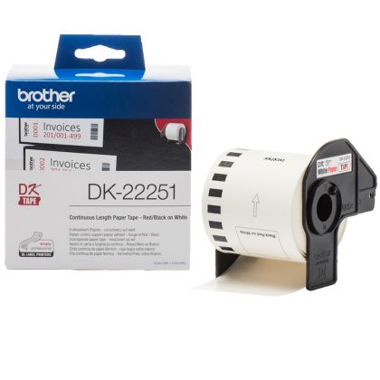 Consumable Brother DK-22251 Roll, Black and Red on White Continuous Length Paper Tape, 62mm x 15.24m