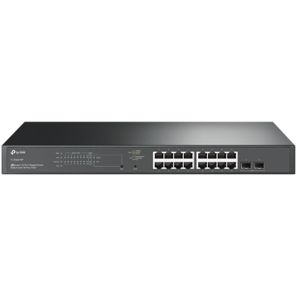 TP-Link SG2218P Omada 18-Port Gigabit Smart Switch with 16-Port PoE+, 16× Gigabit 802.3af/at PoE+ ports and 2× Gigabit SFP Slots, 150 W total PoE budget, Centralized cloud management via the web or the Omada app, Static Routing, VLAN, ACL, QoS, IGM