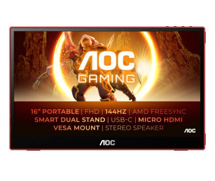 Монитор AOC 16G3, 15.6" IPS WLED, 1920x1080@144Hz, 4ms GtG, 250cd m/2, 1000:1, 80M:1 DCR, Freesync, FlickerFree, Low Blue Light, 1Wx2, 1x MicroHDMI 1.4