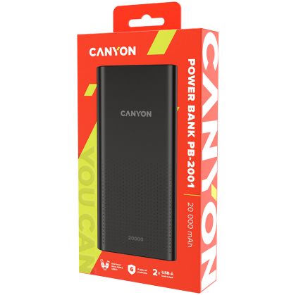 CANYON PB-2001, Power bank 20000mAh Li-poly battery, Input 5V/2A , Output 5V/2.1A(Max), 144*69*28.5mm, 0.440Kg, Black