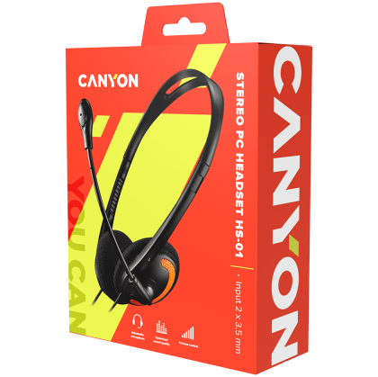 CANYON PC headset with microphone, volume control and adjustable headband, cable 1.8M, Black/Orange