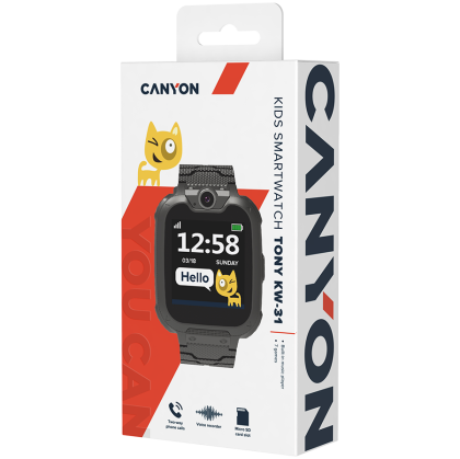 CANYON Tony KW-31, Kids smartwatch, 1.54 inch colorful screen, Camera 0.3MP, Mirco SIM card, 32+32MB, GSM(850/900/1800/1900MHz), 7 games inside, 380mAh battery, compatibility with iOS and android, Black, host: 54*42.6*13.6mm, strap: 230*20mm, 45g