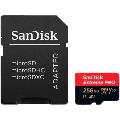 SanDisk Extreme PRO microSDXC 256GB + SD Adapter + 2 years RescuePRO Deluxe up to 200MB/s & 140MB/s Read/Write speeds A2 C10 V30 UHS-I U3, EAN: 619659188542