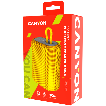 CANYON BSP-4, difuzor Bluetooth, BT V5.0, BLUETRUM AB5365A, suport card TF, port USB tip C, baterie polimer de 1200 mAh, galben, lungime cablu 0,42 m, 114*93*51 mm, 0,29 kg