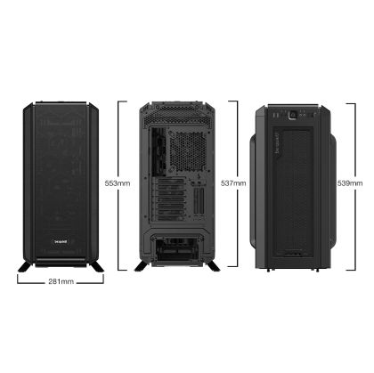 liniște! SILENT BASE 802 Black, E-ATX/ATX/M-ATX/Mini-ITX, 3x Pure Wings 2 140mm, controler de ventilator în 4 trepte cu hub PWM, 2x USB 3.2 Gen. 1, 1x USB 3.2 Gen. 2 Tip C, Microfon + Audio, Capac superior și panou frontal interschimbabil, 3 ani garanție
