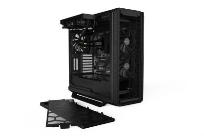 liniște! SILENT BASE 802 Black, E-ATX/ATX/M-ATX/Mini-ITX, 3x Pure Wings 2 140mm, controler de ventilator în 4 trepte cu hub PWM, 2x USB 3.2 Gen. 1, 1x USB 3.2 Gen. 2 Tip C, Microfon + Audio, Capac superior și panou frontal interschimbabil, 3 ani garanție