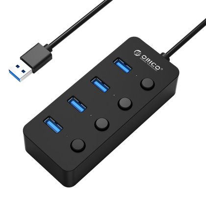 Hub Orico USB3.0 HUB 4 porturi negru, 4 butoane Pornit/Oprit - W9PH4-U3-BK