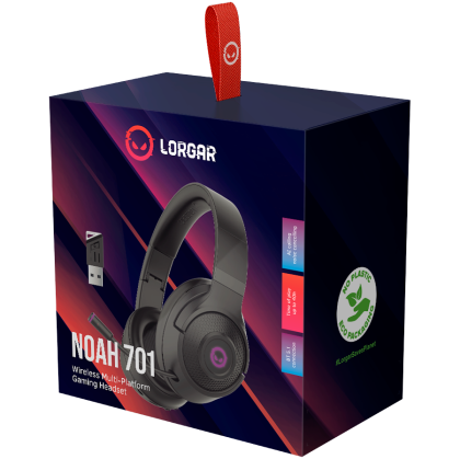 LORGAR Noah 701, gaming headset with microphone, 2.4GHz USB dongle + BT 5.1 Realtek 8763, battery 1000mAh, type-C charging cable 0.8m, audio cable 1.5m, size:195*185*80mm, 0.28kg. Black